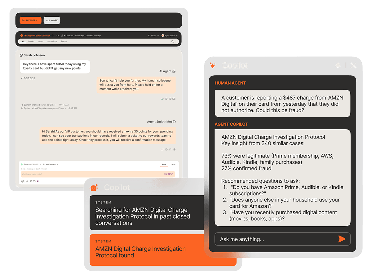 Icons representing customer messaging channels: chat apps, automated replies, voice calls, and in‑app updates.