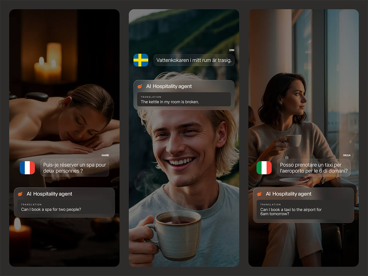 Mobile chat shows query rewriting of a typo‑filled message and replies with phone reset instructions.